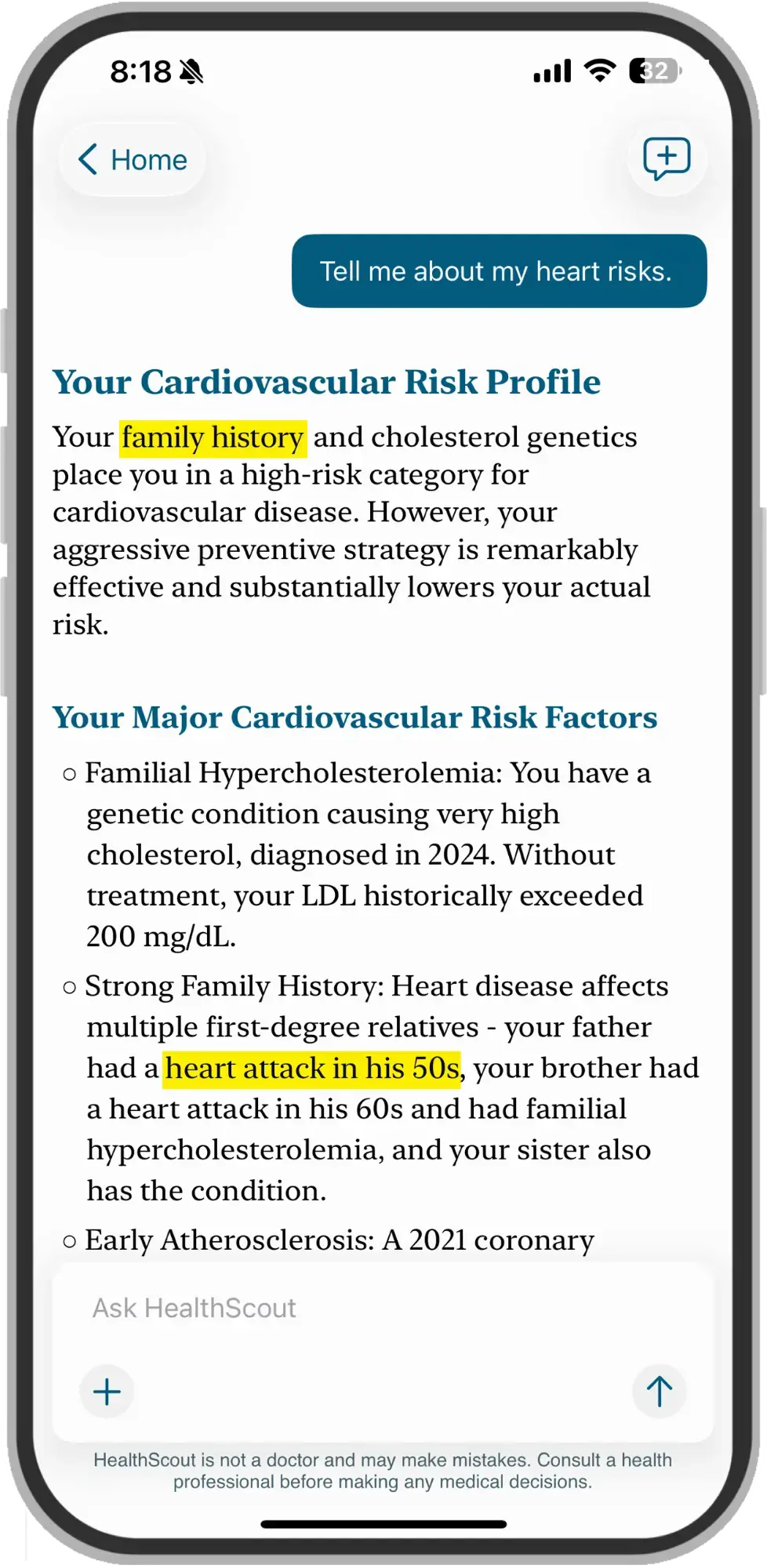 A HealthScout screen showing a cardiovascular risk profile, highlighting family history and a heart attack in his 50s.